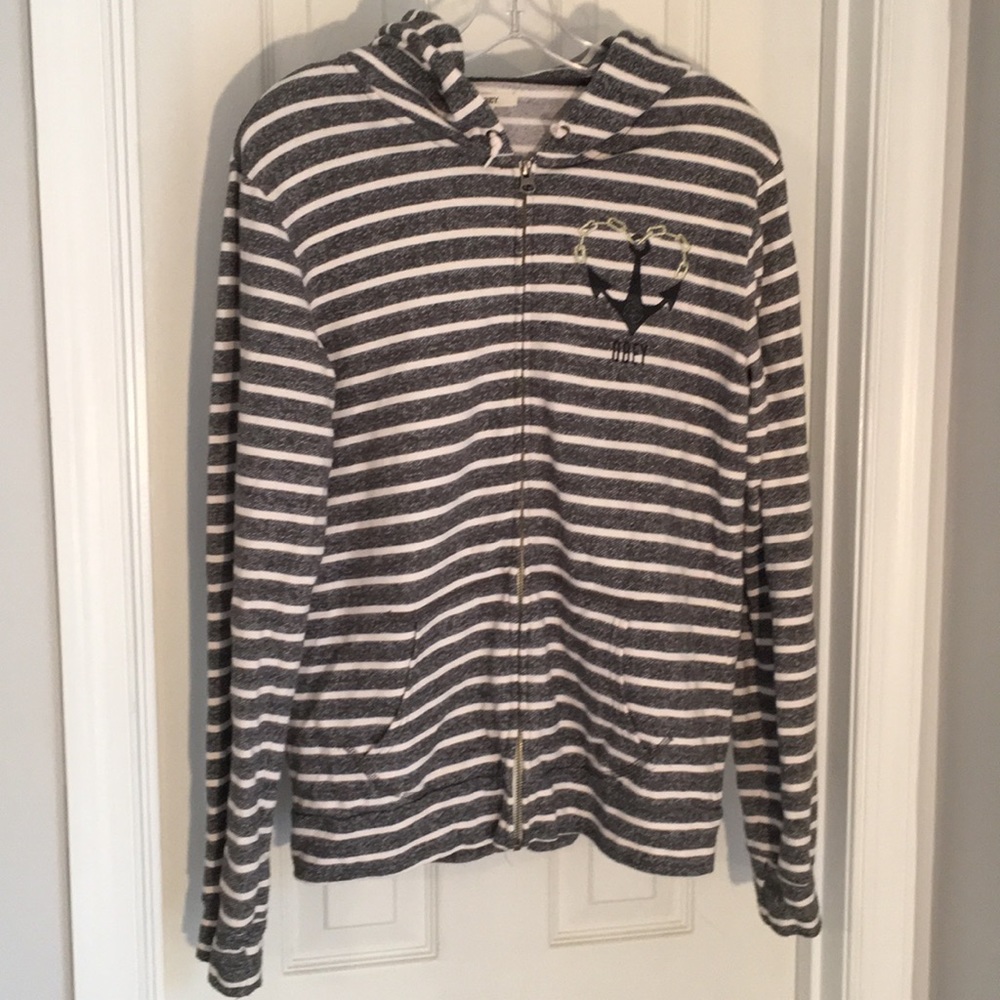 Grey & white stripe Obey hoodie with embroidery